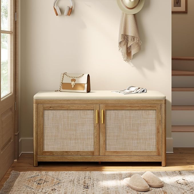 VASAGLE ELLAN Collection - Boho Shoe Bench with Cushion, Entryway Storage Bench with 2 Rattan-Loo... | Amazon (US)