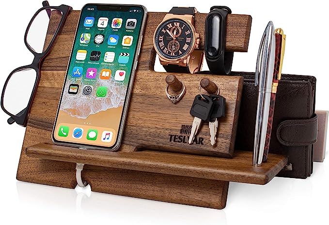 TESLYAR Natural Walnut Wood Phone Docking Station Key Hooks Holder Wallet Stand Watch Organizer M... | Amazon (US)
