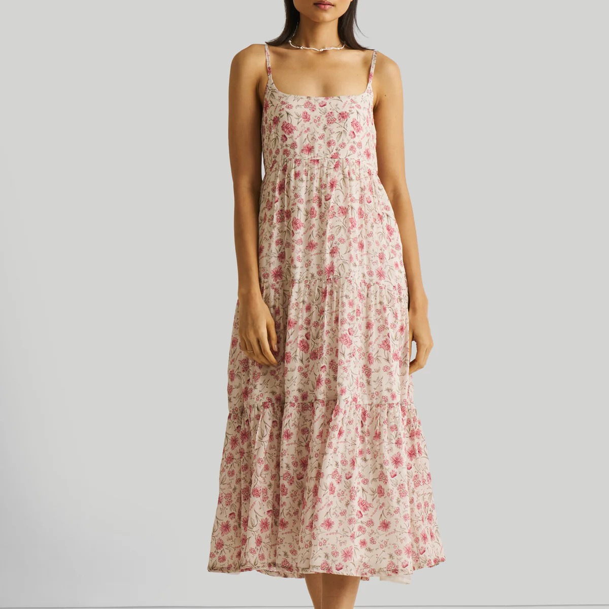 Strappy Tiered Maxi Dress in Pink Florals | Reistor