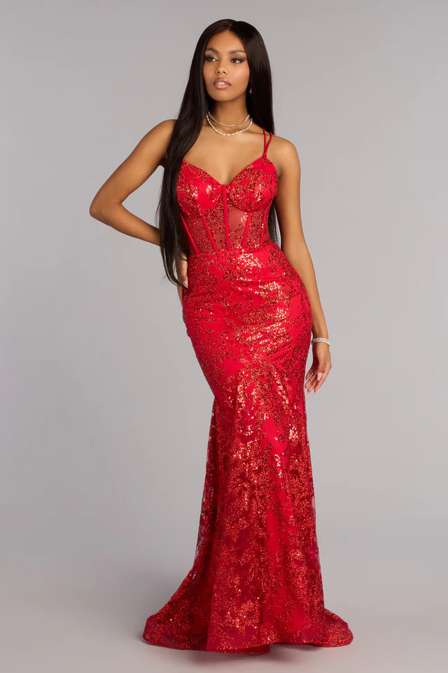 Amal Bustier Lace-Up Mermaid Glitter Sequin Gown | Windsor Stores