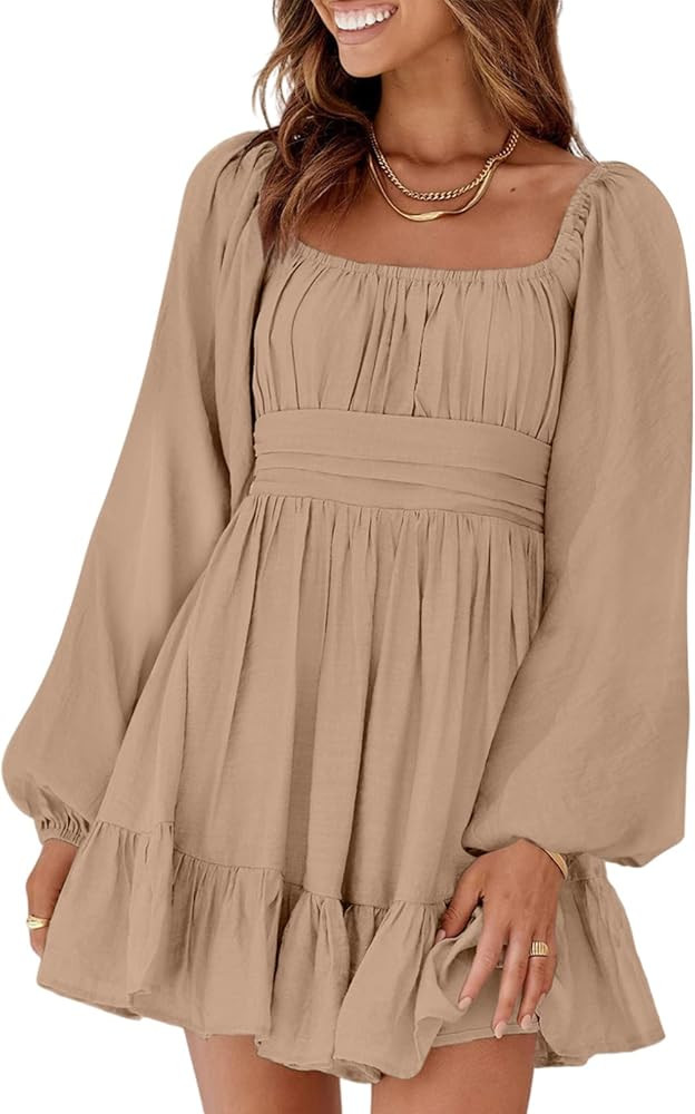 Dokotoo Womens Dress Long Lantern Sleeve Square Neck Tie Backless Sexy Dress Ruffle Elastic Waist... | Amazon (US)