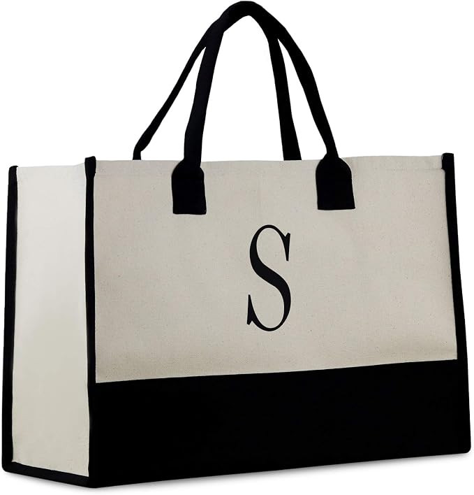 Personalized Gift Monogram Initial 100% Cotton Two Tone Chic Tote Bag with Customize Option - Bla... | Amazon (US)