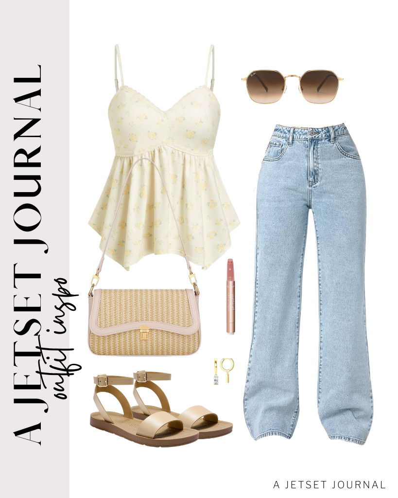 So obsessed with this combo of a yellow floral strap top and wide-leg denim. These flat buckle sandals and shoulder bag go perfectly with this fit, too. To complete the look, wear these Pro Acme sunglasses and simple hoop earrings. 
 

 