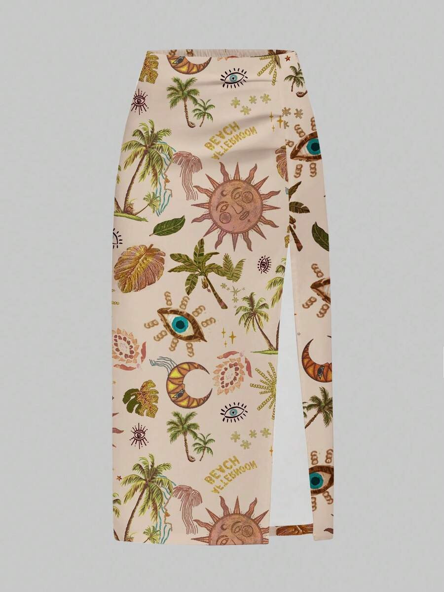 ROMWE Fairycore Spring Carnival Beach Sexy Form-Fitting Vacation Beach Palm Tree Print Ruched Hig... | SHEIN