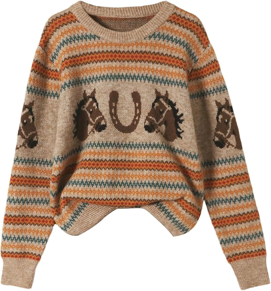 WDIRARA Women's Graphic Sweaters Crew Neck Long Sleeve Pullover Retro Vintage Knit Tops | Amazon (US)