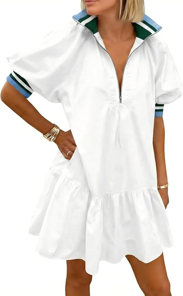 Wenrine Women Short Puff Sleeve Dress Half Zip V Neck Collar Summer Casual Color Block Sweatshirt... | Amazon (US)