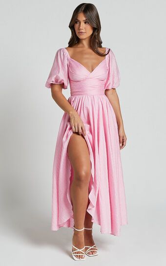 Dorothea Midi Dress - V Neck Puff Sleeve Ruched Bust in Pink | Showpo (ANZ)