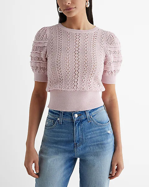 Crew Neck Puff Sleeve Open Stitch Ruffle Sweater | Express