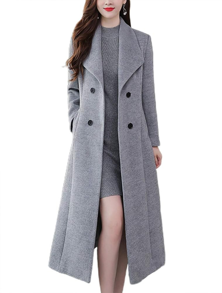 chouyatou Women's Chic Shawl Collar Work Double Breasted Maxi Long Wool Pea Coat | Amazon (US)