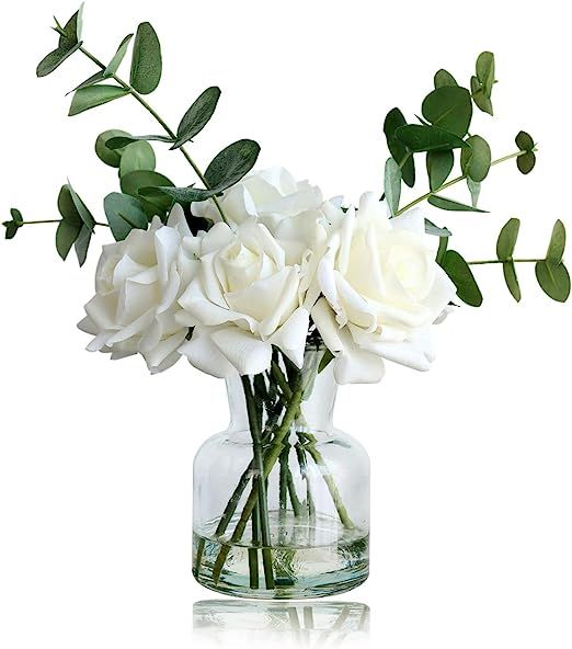 grtefhu Artificial Flowers with White Roses in Vase, Fake Flowers in Artificial Water Vase, Silk ... | Amazon (US)