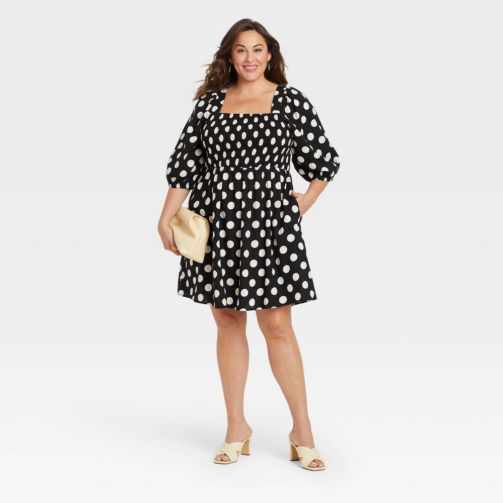 Women's Plus Size Puff Elbow Sleeve Smocked Dress - Ava & Viv Black Polka Dot 2X | Target
