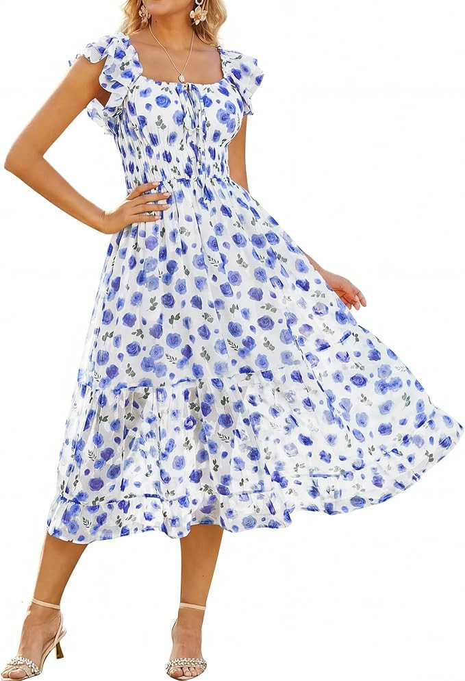 GRACE KARIN 2026 Women's Spring Floral Midi Dress Square Neck Beach Wedding Guest Dresses Flowy A... | Amazon (US)