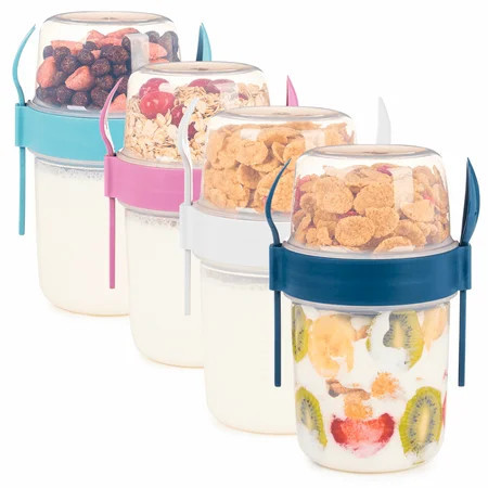 EYNEL 4 Pack On The Go 22 oz Breakfast Cups with Lids and Spoon, Reusable Cereal Yogurt Cup with Topping Plastic Overnight Oats Container for Granola Oatmeal | Walmart (US)