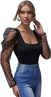 SweatyRocks Women's Mesh Polka Dots Puff Long Sleeve Square Neck Rib Knit T Shirt Top | Amazon (US)