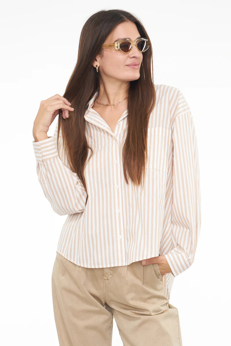 Sloane Oversized Button Down Shirt - Tan Ecru Stripe | Pistola Denim