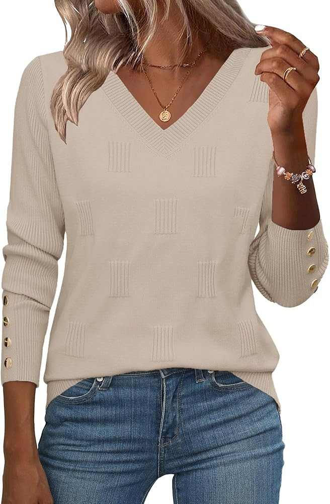 Zeagoo Womens V Neck Sweaters Shirts Long Sleeve Lightweight Ribbed Knit Pullover Sweater Blouse ... | Amazon (US)