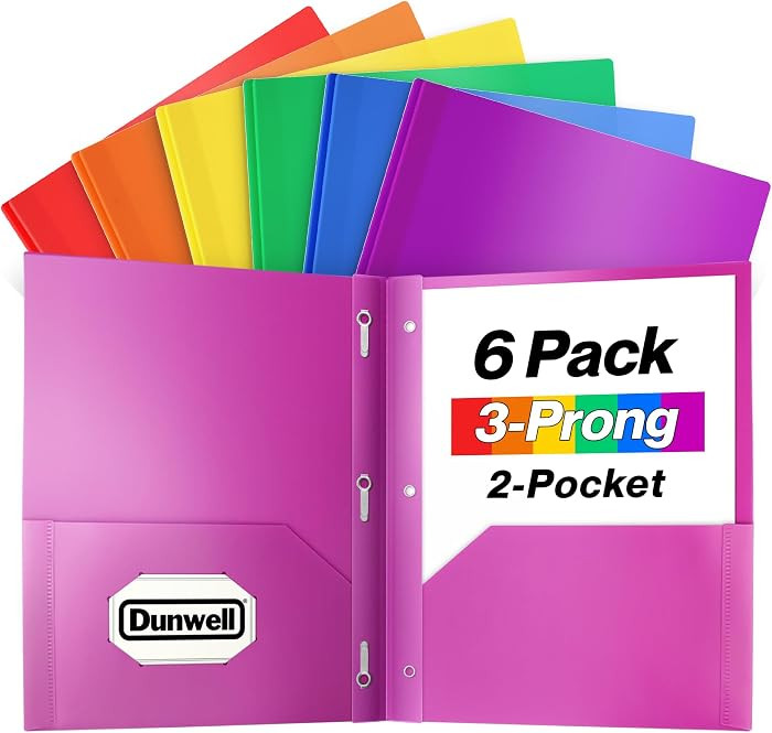 Dunwell Plastic 2 Pocket Folders with 3 Prongs, (6 Pack, Assorted Colors), 3-Clasp Folders with F... | Amazon (US)