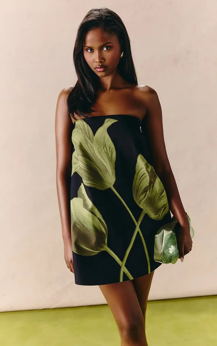 Dresses | Black Floral Printed Woven A Line Mini Dress | PrettyLittleThing | PrettyLittleThing US