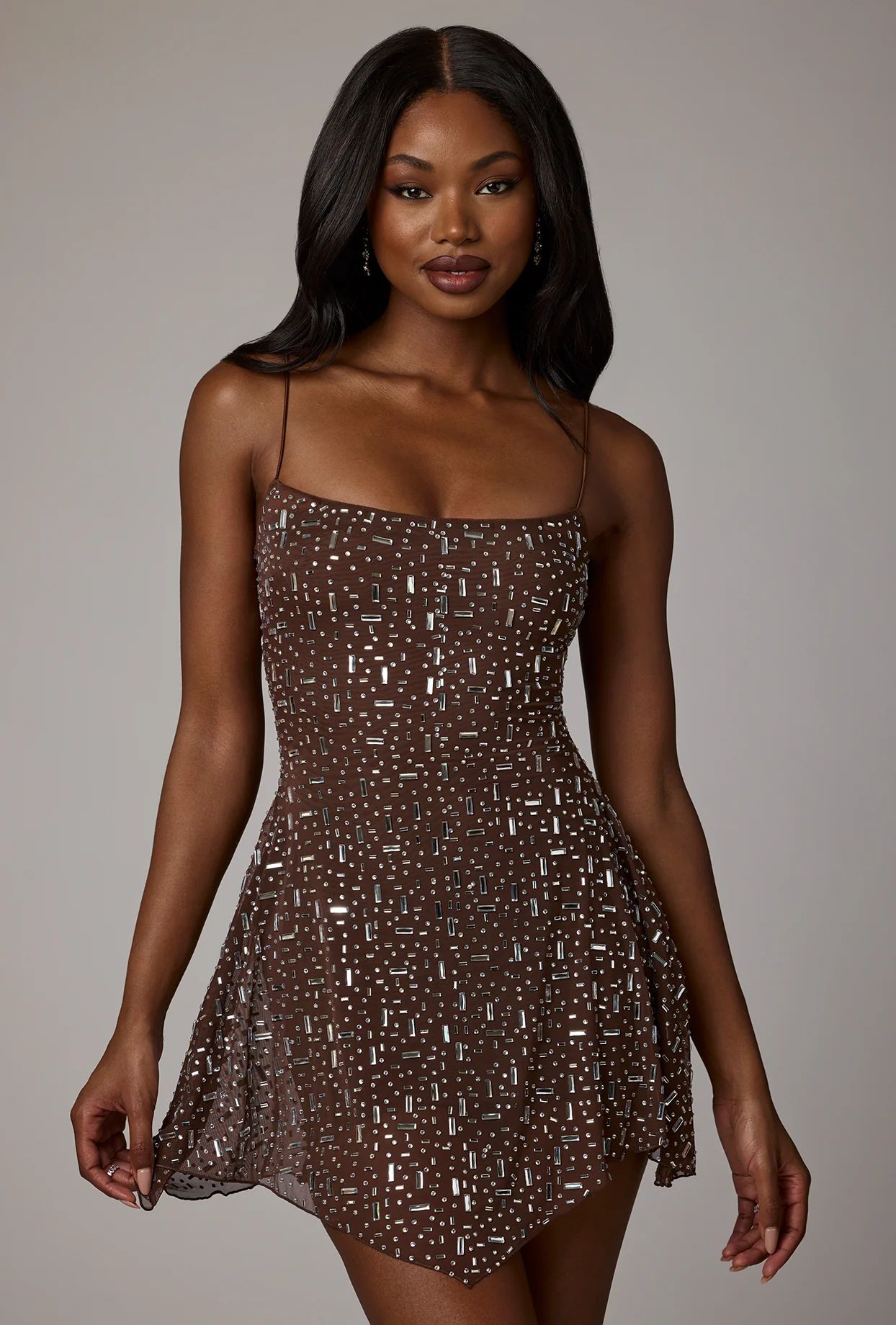 Sheer Embellished Scoop Neck Mini Dress in Deep Cocoa | Oh Polly