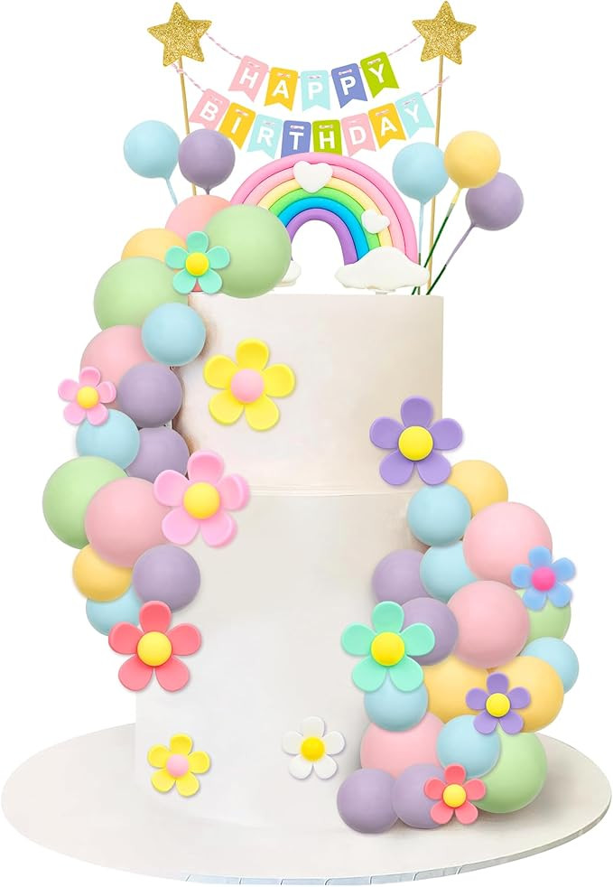39 Pcs Pastel Balls Cake Topper Daisy Flower Balls Cake Decoration Boho Rainbow Cake Topper 70s G... | Amazon (US)