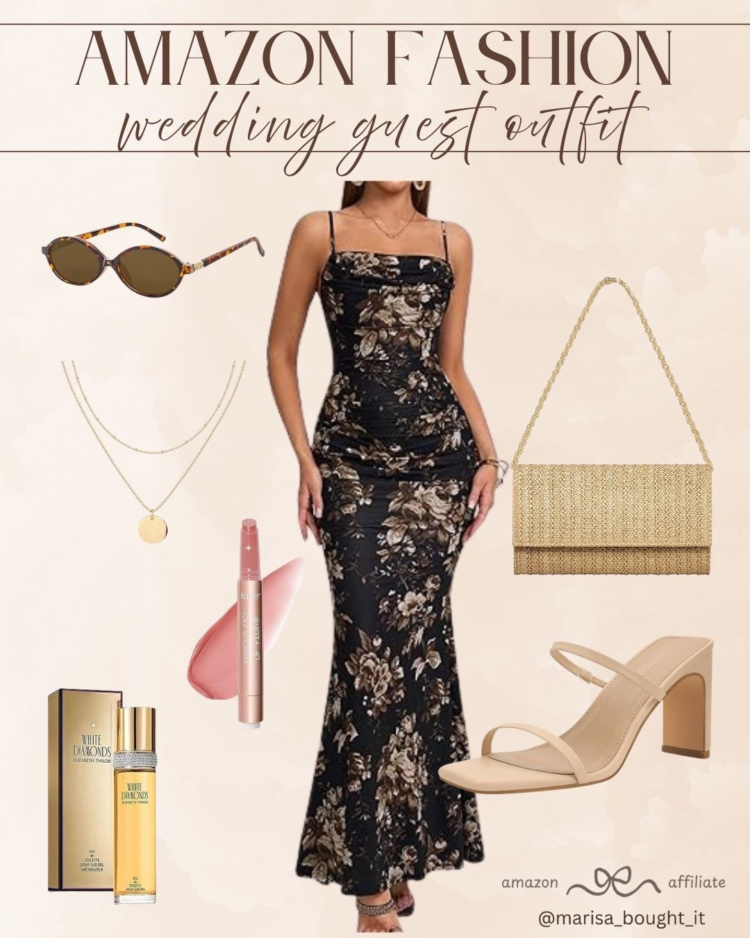 ✨ Formal wedding guest dressing made easy. I am styling this breathtaking black floral maxi dress with elegant gold layers and a straw clutch bag to bring a touch of warm-weather romance to a special evening celebration.

💋 Kept the accessories sophisticated with neutral block heel sandals, classic sunglasses, and a beautiful rosy lip plumper.

#WeddingGuestStyle #AmazonFashion #FormalDress #SummerWedding #AmazonFinds #ElegantLook #OOTDInspo

#LTKWedding #LTKootd #LTKgrwm
