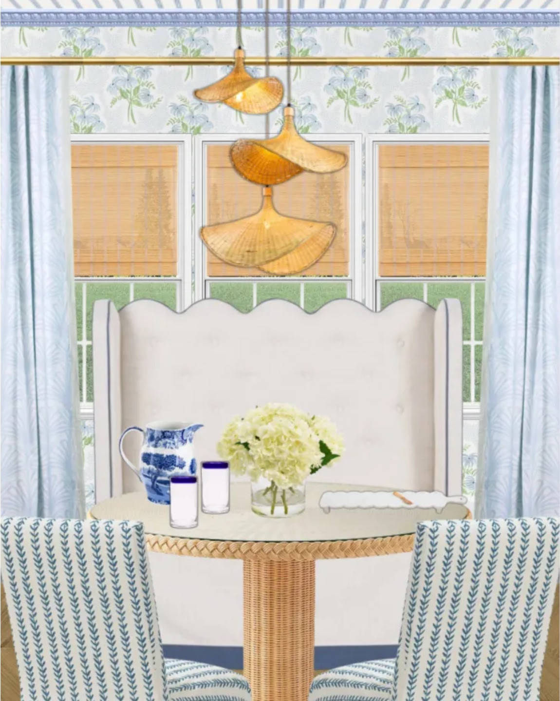 A breakfast nook design featuring blue white and scalloped edges with some pattern play! Plus parsons chairs, rattan, and a banquette!? Say less 

#LTKHome #LTKSaleAlert #LTKdayinmylife