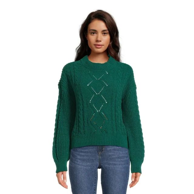 No Boundaries Juniors’ Mock Neck Cable Knit Sweater, Midweight, Sizes XS-XXXL | Walmart (US)