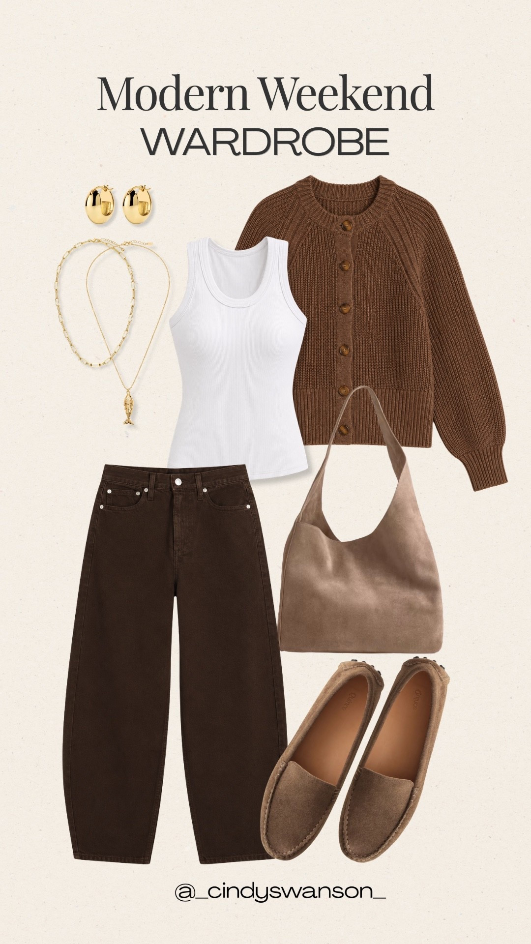 I love a simple weekend uniform, and this combination of a crisp white tank, chocolate-brown cardigan, and dark brown jeans feels especially easy. Add a pair of comfortable loafers and a neutral shoulder bag, and you have a polished look that can take you from errands to lunch without much thought.

#LTKOver40 #LTKSeasonal #LTKTravel