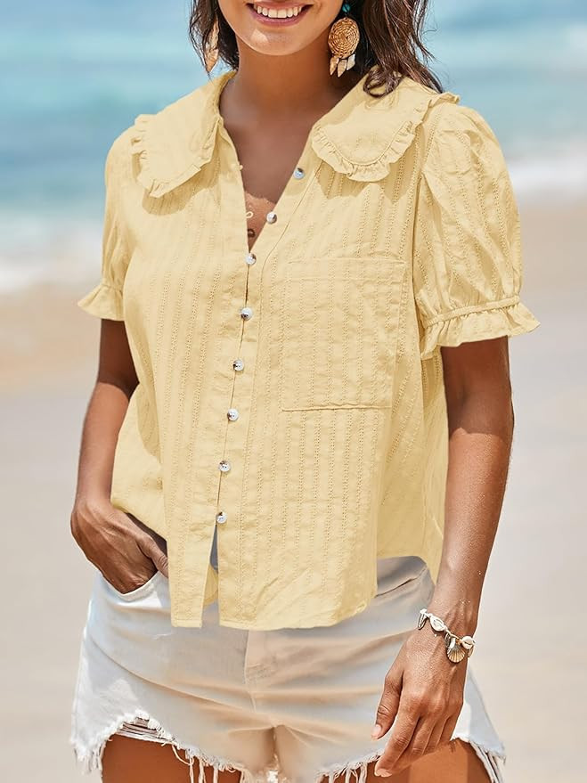 Tankaneo Womens Puff Sleeve Shirts Peter Pan Collar Button Down Cotton Blouse Casual Summer Textu... | Amazon (US)