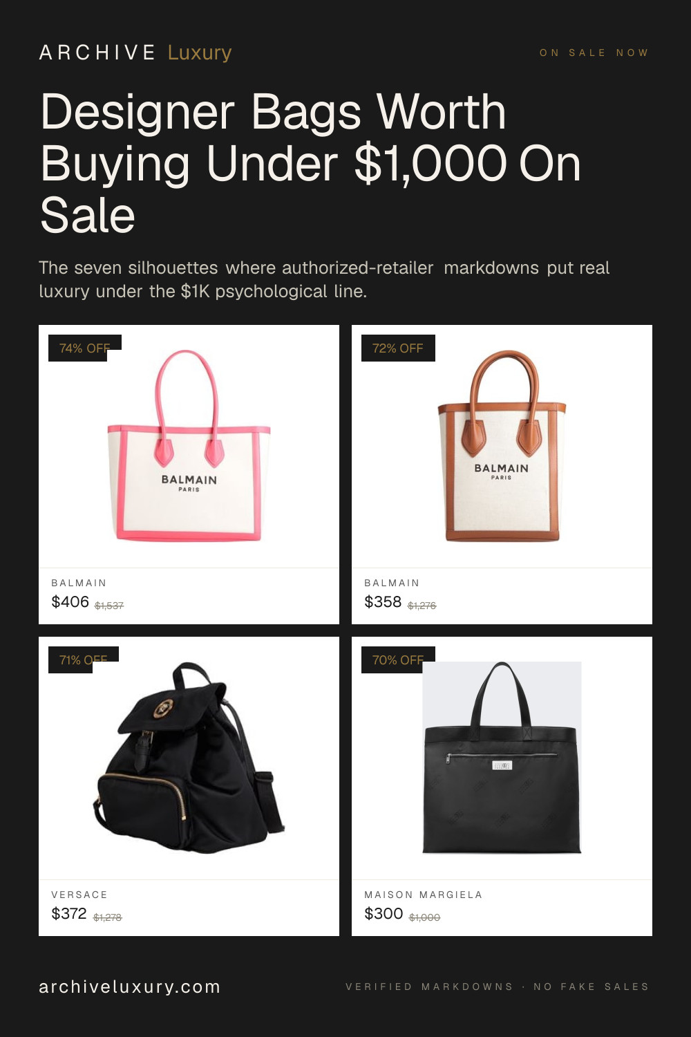 The designer bags actually worth buying on sale under $1,000 — the seven silhouettes where the markdown clears the bar against a contemporary-bag comparison set.

Jacquemus Le Bambino (25–40% off end-of-season). Wandler Hortensia + Anna. By Far Rachel + Miranda. Marge Sherwood Bessette. Polène Numéro Un. Loewe Cushion + mini Anagram (when they slip under). Saint Laurent Lou Camera Bag.

Skip the logo'd outlet bags and the hot-glued top-handle "investments." Chase construction, not the badge percentage.

Full breakdown on archiveluxury.com → designer-bags-under-1000-on-sale. Every price re-verified every 30 minutes.

#designerbagsonsale #jacquemus #wandler #byfar #margesherwood #polenebags #loewe #saintlaurent #luxurybagsonsale #salealert #designerbagsunder1000 #archiveluxury #verifiedsale #luxurysale #designersale 

 #LTKSeasonal #LTKSaleAlert #LTKWorkwear