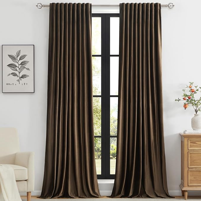 PRIMROSE Brown Velvet Curtains 96 inch Long for Living Room,Set of 2 Panels Blackout Rod Pocket B... | Amazon (US)