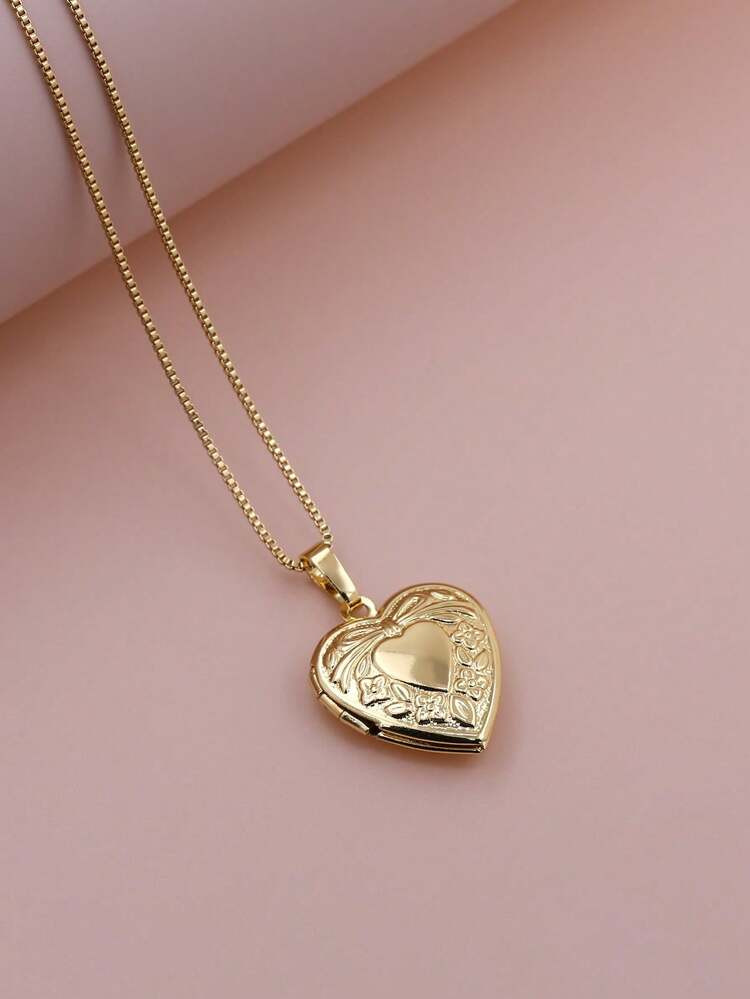 New Nordic Style Retro Lace Hollow Heart Ribbon Photo Locket Pendant Photo Necklace Copper Album Box Necklace Women Jewelry | SHEIN