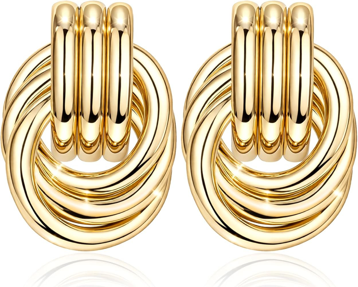 Gold Plated Statement Chunky Dangle Stud Earrings for Women, Gold Plated Hoop Knot Claw Earrings ... | Amazon (US)