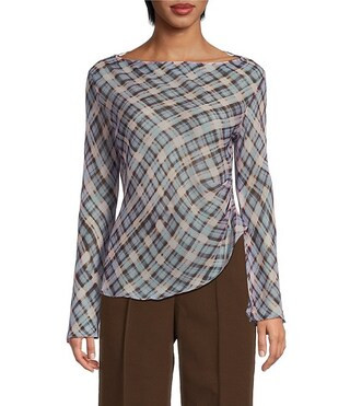 Lucy Paris Joshua Woven Plaid Print Boat Neck Long Sleeve Asymmetrical Top | Dillard's | Dillard's