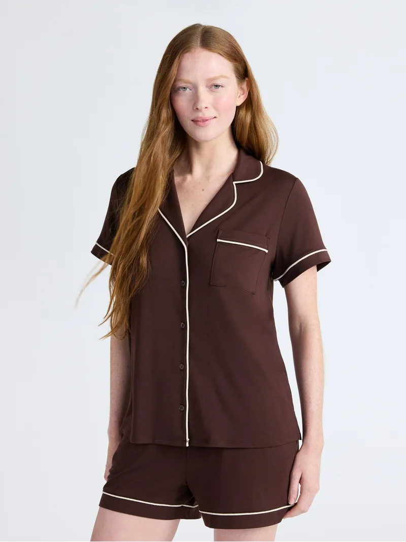 Joyspun Women’s Dreamy Soft Collection Notch Collar Knit Top and Boxer Shorts Pajama Set, Sizes... | Walmart (US)