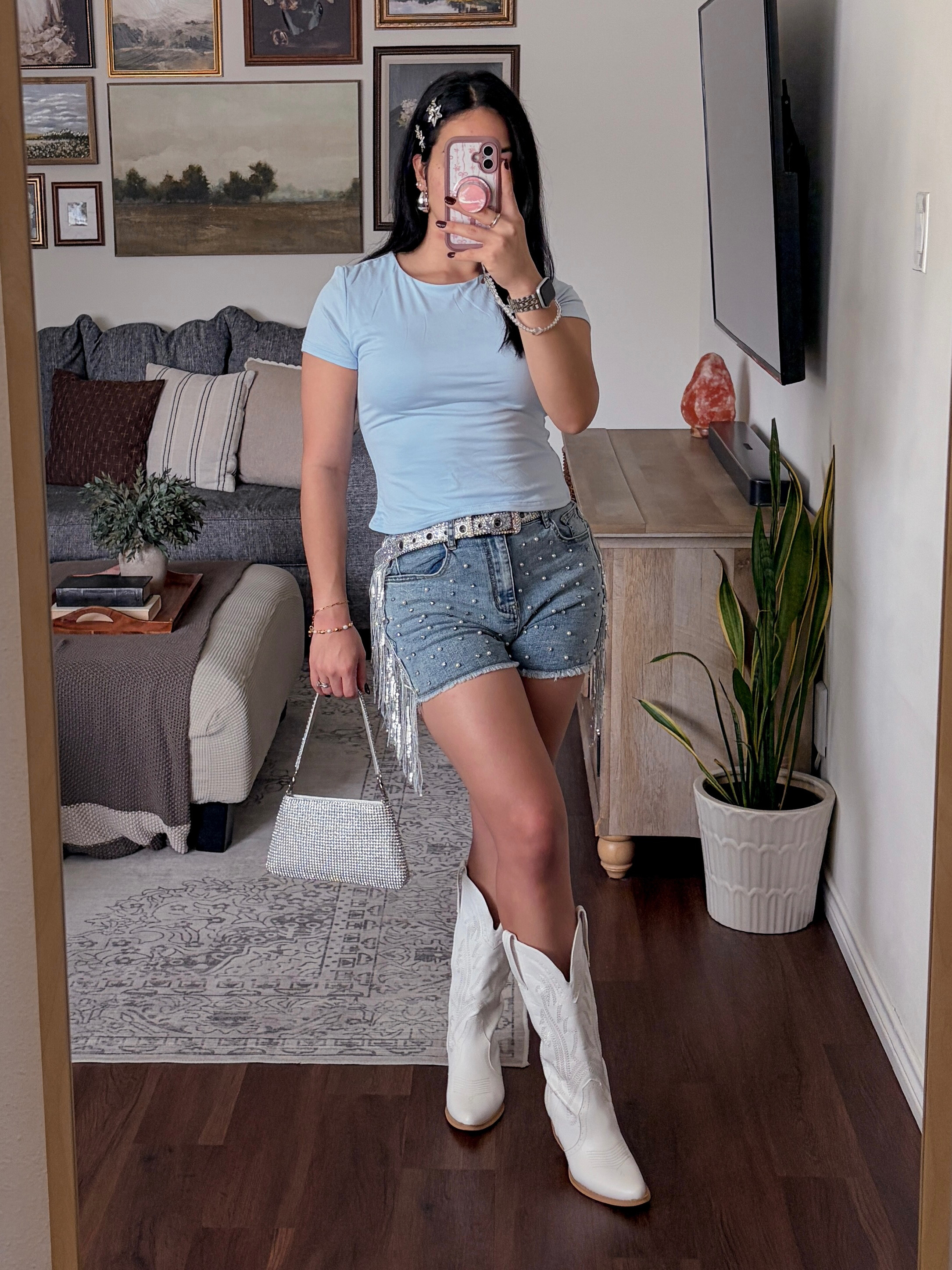 gonna put a little sparkle on for kacey musgraves tonight ✨🪩💎Kacey Musgraves concert outfit, Kacey Musgraves concert, Kacey Musgraves outfit, concert outfit, concert outfit ideas, country concert outfit, country concert outfits, concert fashion, concert outfit inspiration, rhinestone outfit, rhinestone shorts, embellished denim shorts, denim shorts outfit, light blue outfit, baby blue outfit, western boots, white cowboy boots, white western boots, cowboy boots outfit, white boots outfit, rhinestone accessories, rhinestone belt, crystal belt, rhinestone purse, silver handbag, sparkly handbag, statement accessories, silver jewelry, western inspired outfit, western chic outfit, country music outfit, country music concert, Nashville style, festival outfit, cute concert outfits, summer concert outfit, fall concert outfit, going out outfit, girls night outfit, Kacey Musgraves style, rhinestoned outfit, sparkle outfit, country glam, cowgirl outfit, concert fashion inspiration, outfit inspiration  

 #LTKdayinmylife #LTKgrwm #LTKootd