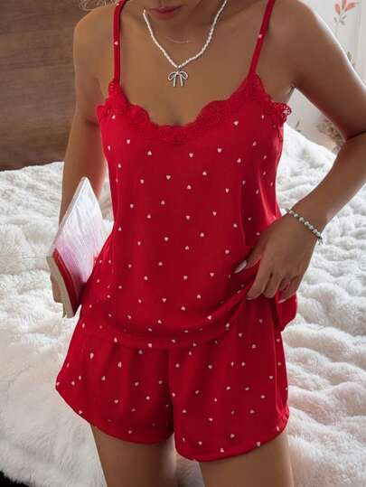 CottageSlumber Casual Young Women's Red Rib Knit Sleeveless Short Pajama Set With Spaghetti Strap... | SHEIN
