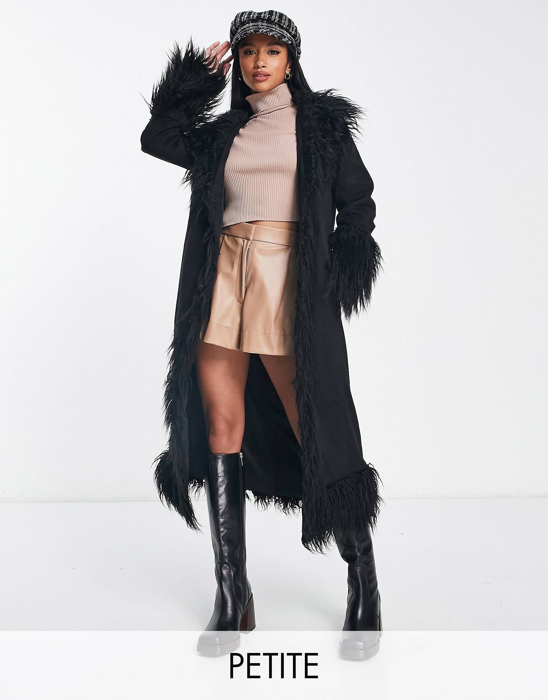 Urban Code Petite longline faux shaggy fur jacket in black | ASOS (Global)