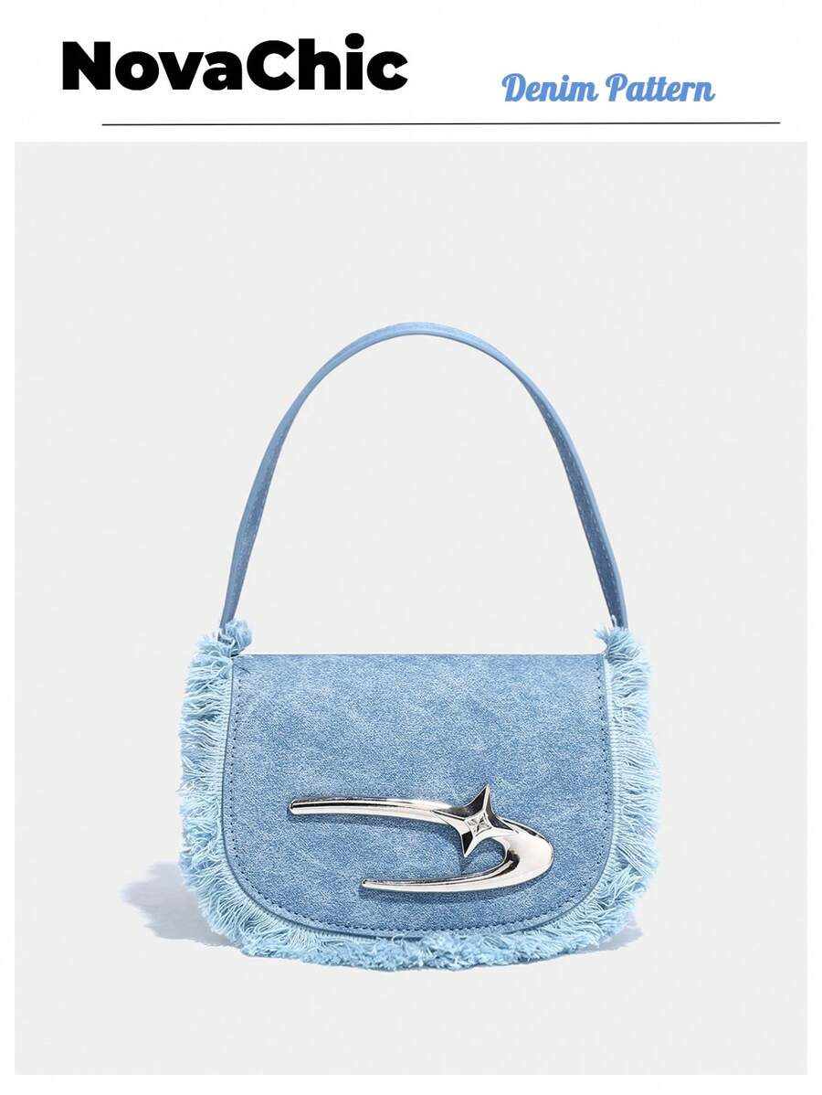 Jeans Blue Mini Half-moon Saddle Bag With Fringe Decoration And Flap Cover, Suitable For Dating O... | SHEIN