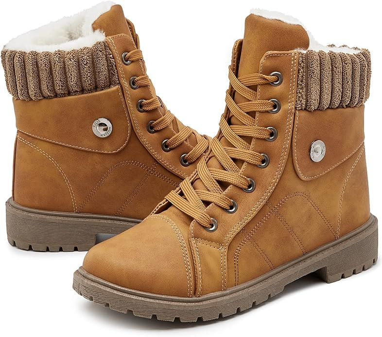 Waluzs Women's White & Black Ankle Combat Boots - Fuzzy Lace Up Snow Boots For Winter | Amazon (US)