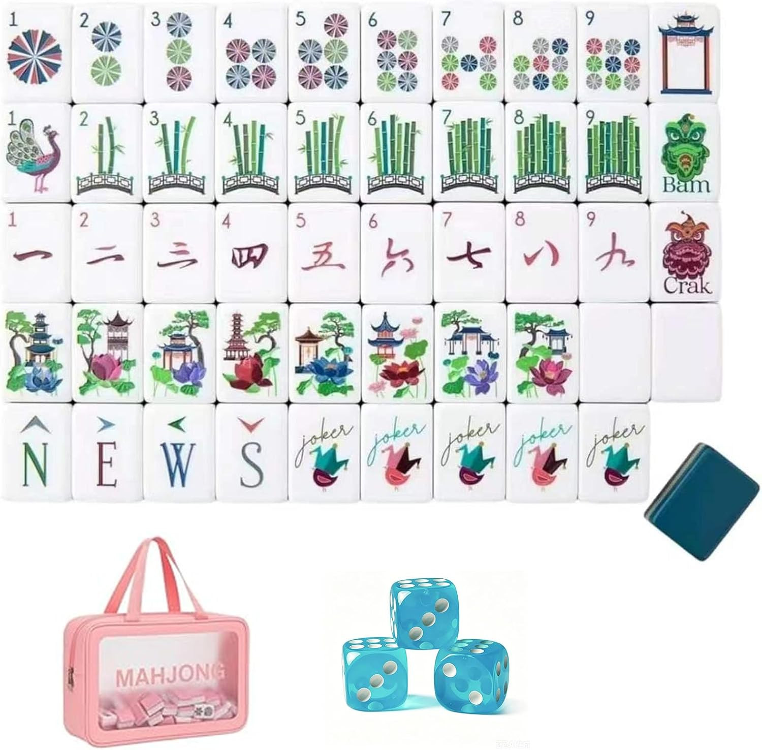 4 Layer Mahjong Tiles, 2026 NEW 160 Acrylic American 4 Layer Mahjong Tile Set with Clear Engraving with Exquisite Carrying Bag for Home, Travel & Game Nights (Lotus & Pavilion) | Amazon (US)