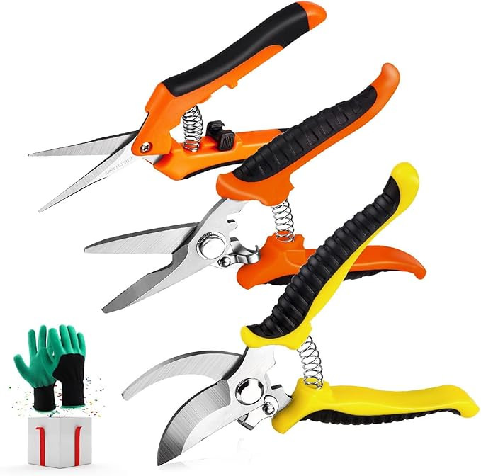 3 Pack Garden Pruning Shears Stainless Steel Blades Handheld Pruners Set with Gardening Gloves | Amazon (US)