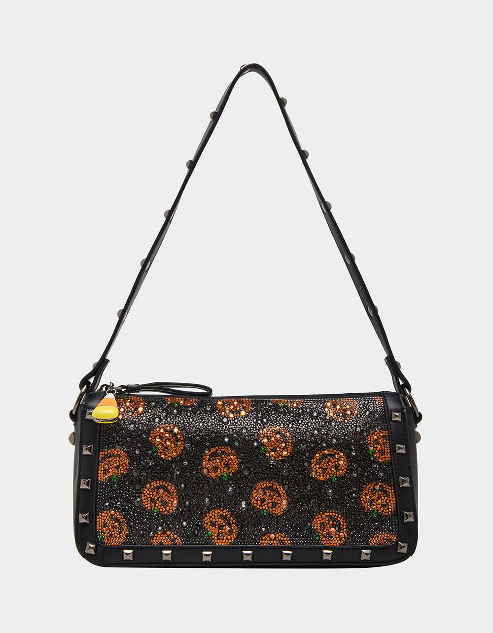 SMASHING SHOULDER BAG BLACK Women's Rhinestone Embellished Pumpkin Studded Halloween Handbag | Betsey Johnson