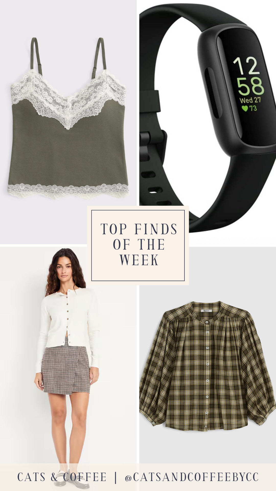 🎉💚 Four Top Finds of the Week: a laid back soft green plaid top from Madewell, my new favorite fitness tracker, a nostalgic lacy tank from Abercrombie that is calling my name, and a classic wrap skirt that is on sale for a great price! 

 #LTKActive #LTKMidsize #LTKFindsUnder100