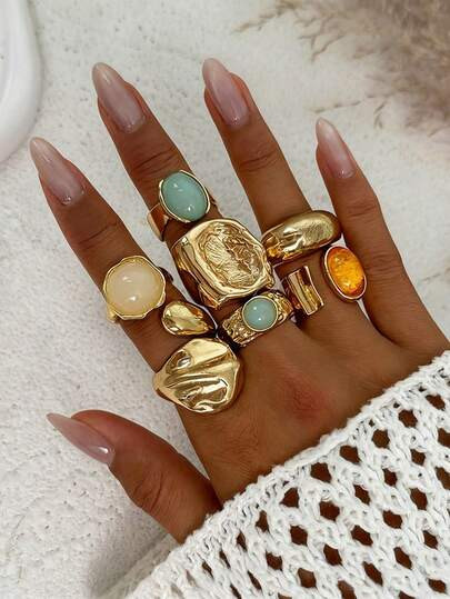 7pcs Vintage Fashionable Geometric Gemstone Inlaid Ring Set, Women's Chunky Gold Metal Rings ... | SHEIN