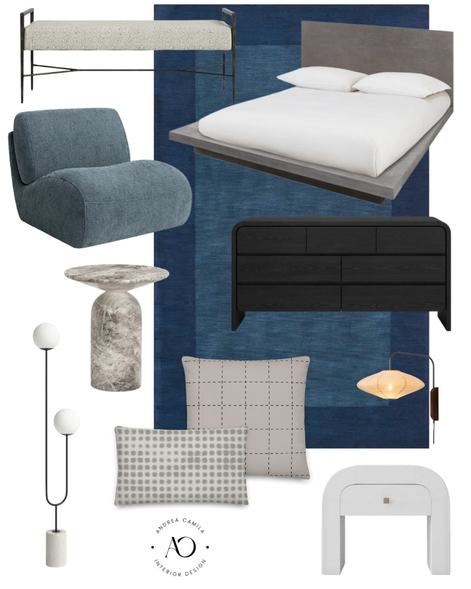 Mid century modern bedroom furniture. Wool area rug. Upholstered bench. Drawer nightstand. 7 drawer dresser. Wood platform bed frame. Swivel accent chair. Modern floor lamp. Japandi wabi sabi wall sconce plug in. Marble end table. Beige plaid pillow cover. Modern checkered pillow cover. Affordable modern furniture 

#LTKsalealert #LTKhome #LTKfindsunder50