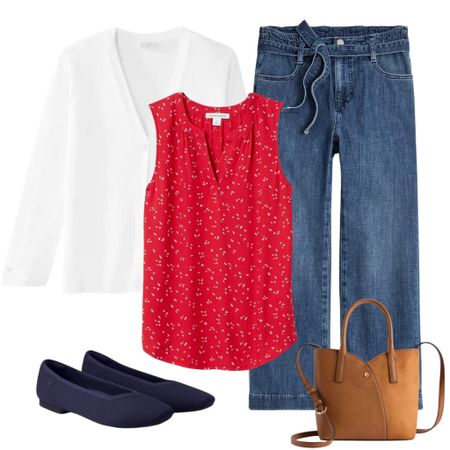 Business casual outfits to wear to work or everyday if you need an elevated wardrobe! ✔️ All outfits are from the Business Casual Summer 2024 capsule wardrobe collection, which includes convenient online shopping links, 100 outfit ideas, a travel packing guide, plus more. ☀️ 

White lightweight cardigan 
Red sleeveless top
Paperbag blue jeans 
Navy ballet flats
Brown saddle bag