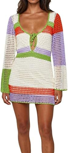 Women Crochet Knit Mini Dress Long Sleeve Colorful Mesh Cover Ups Casual Sweater Dress Summer Bea... | Amazon (US)
