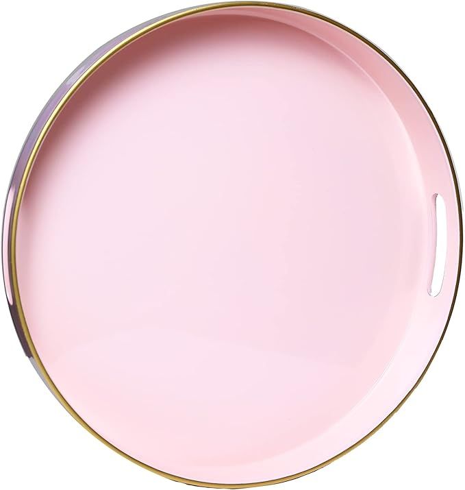 Round Pink Decorative Tray, 13" Plastic Serving Table Tray with Handles for Breakfast, Round Mode... | Amazon (US)