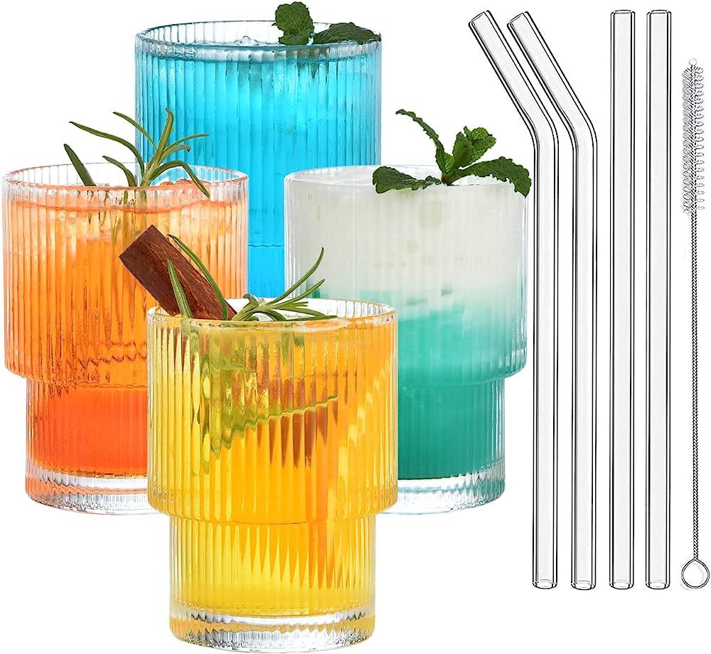 ALINK 7 oz Small Ribbed Drinking Glasses with Glass Straws 4pcs Set, Vintage Iced Coffee Cups Gla... | Amazon (CA)